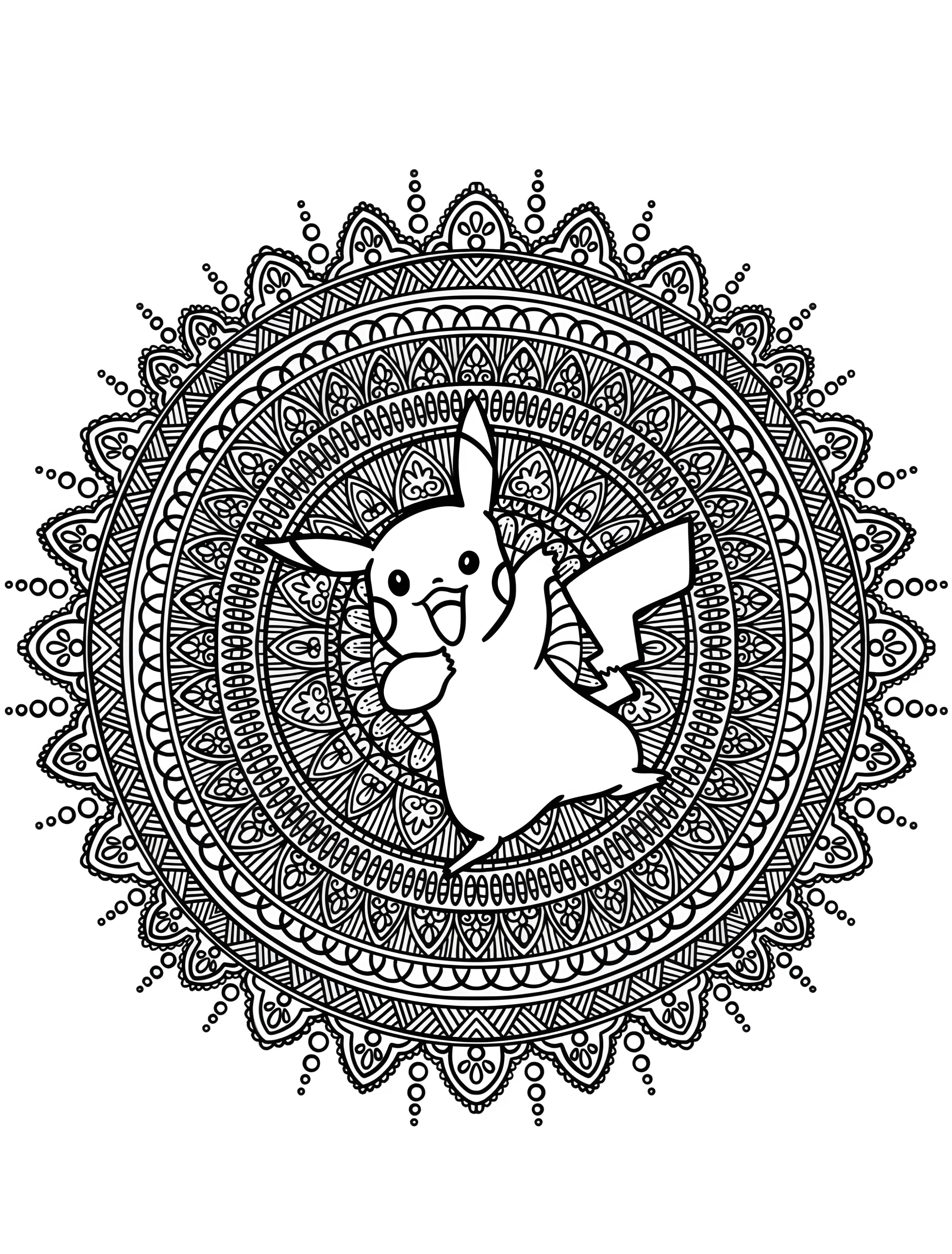 Милый Пикачу в цветочной мандале №7438. Раскраски из игр. Покемон (Pokemon).