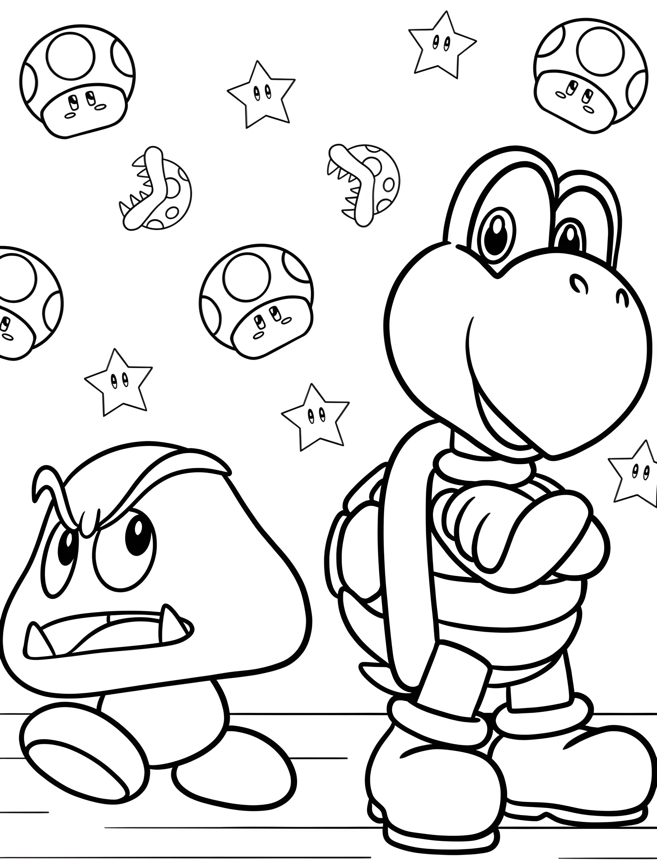 Веселый Йоши и Гумба для детей №6581. Раскраски из игр. Гумба (Goomba).