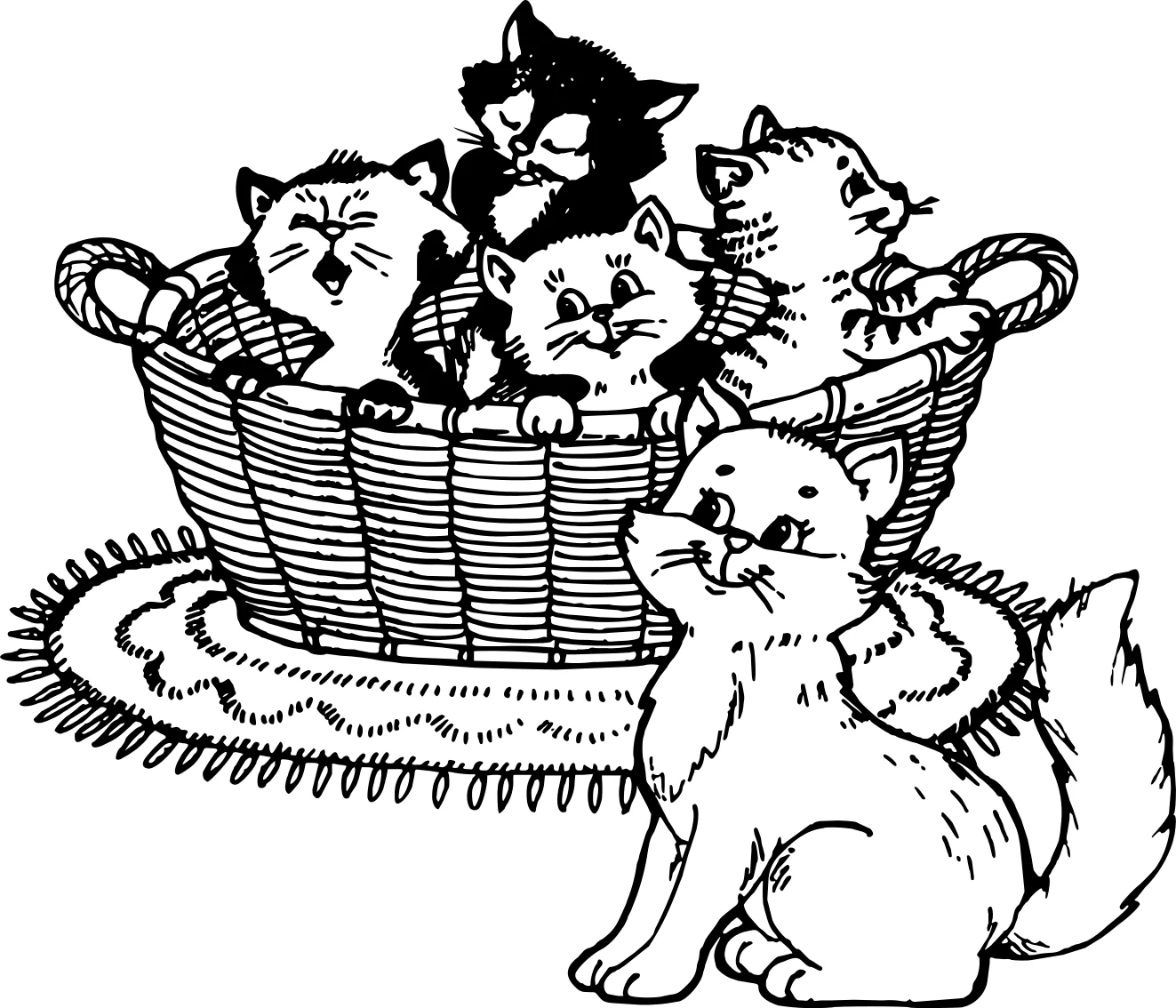 Раскраска «Котики в корзинке №17669. Раскраски животные (весь животный мир). Милые котики.